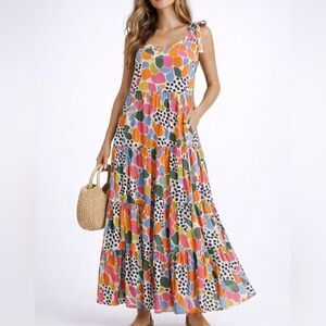 THML Colorful Tiered Maxi Dress Tie Strap Rounded Neck Size Medium